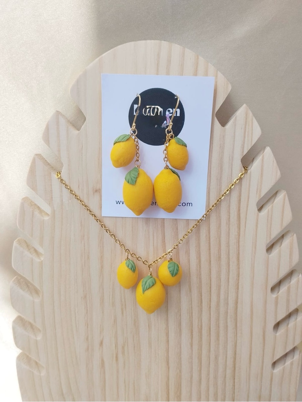 Handcrafted Lemon Trio Necklace in Yellow with Matching Earrings - handmade